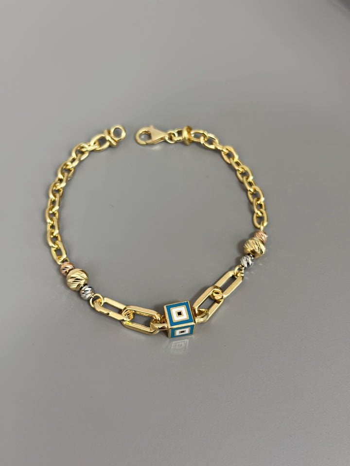 925 Ayar Gümüş Küp Nazarlı Ataç Zincirli Hallow Bileklik